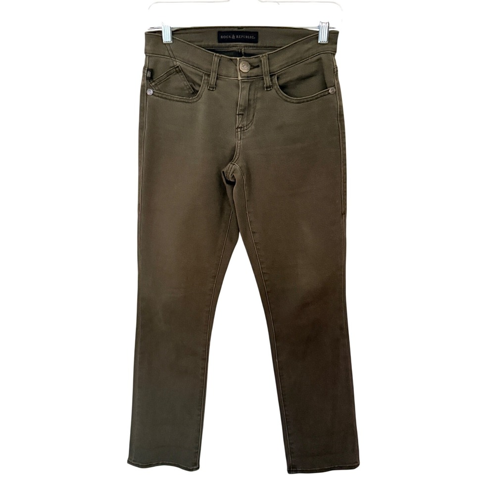 Rock & Republic Pants Sz 2 Kendall Slim Olive Green Skull Wing Edgy Casual